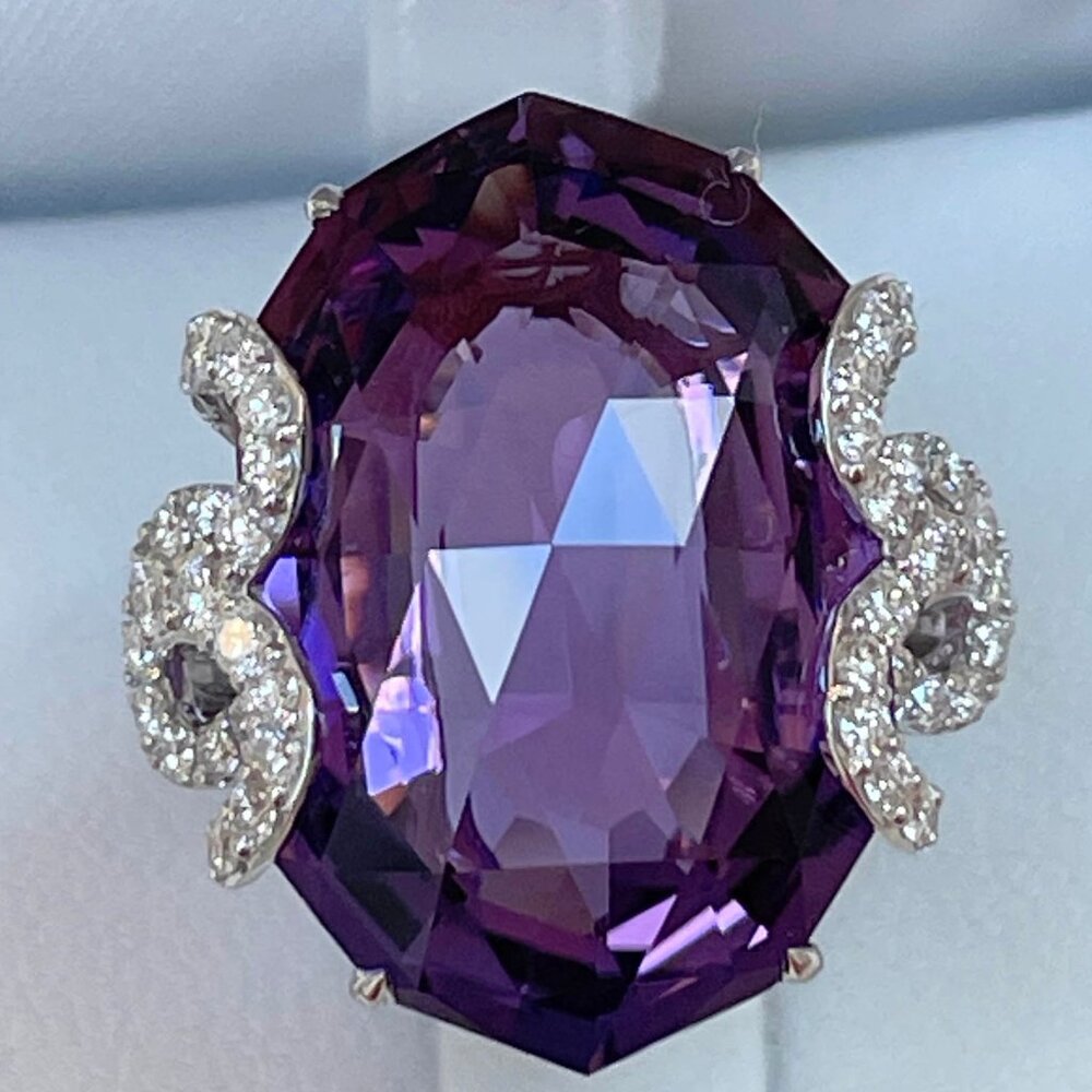 NIB BIG 18.5 ct 22x14 mm Amethyst & 0.59 ct Diamond Ring 14K White Gold Size 7
